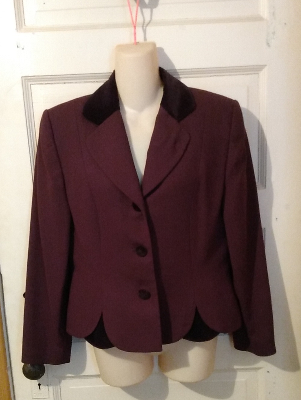 Deep Burgandy Wool Blazer With Black Velvet Collar And Scalloped Bottom